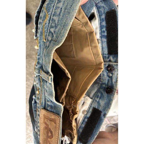 Lee Jeans Up Cycled Boho Purse Pearl Studs Gold Trim Fish Pockets Catch Closure - Picture 13 of 13